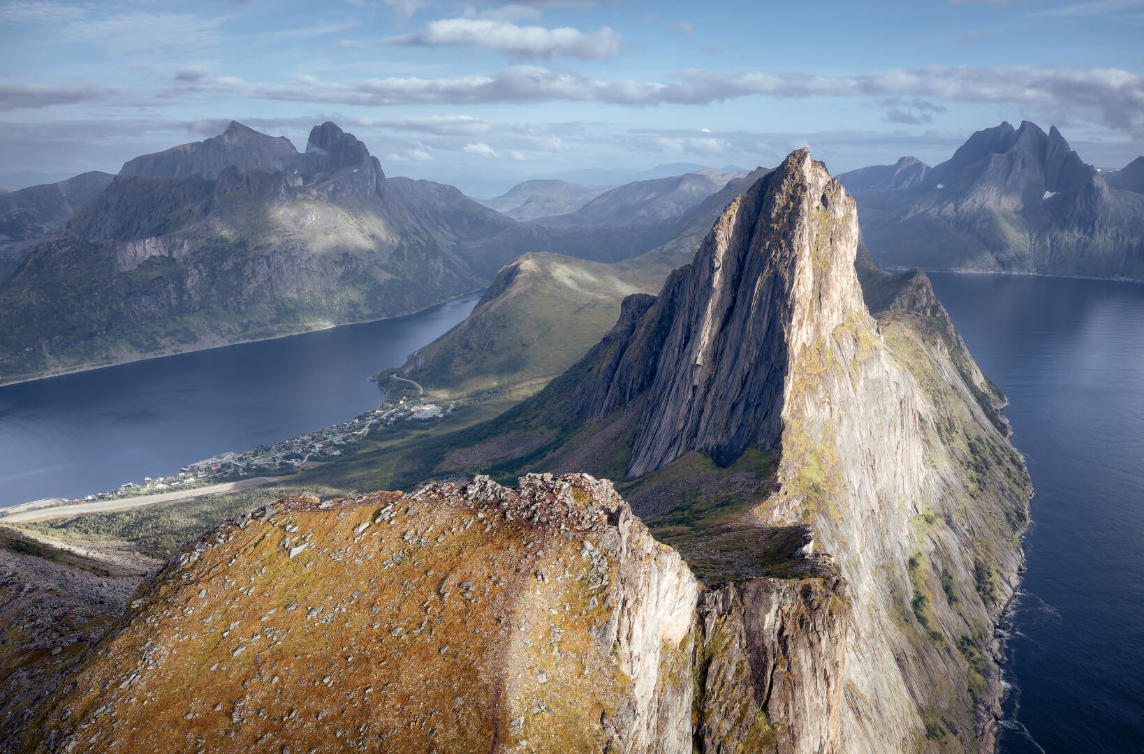 segla, senja, norska, fjord, arktida, aerial view, drone