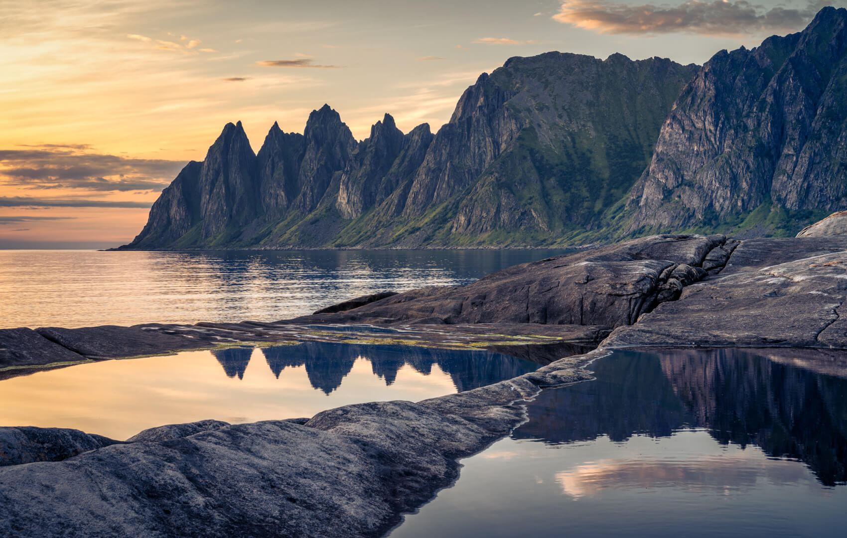skály, hory, fjord, arktida, Norsko, zrcadlení