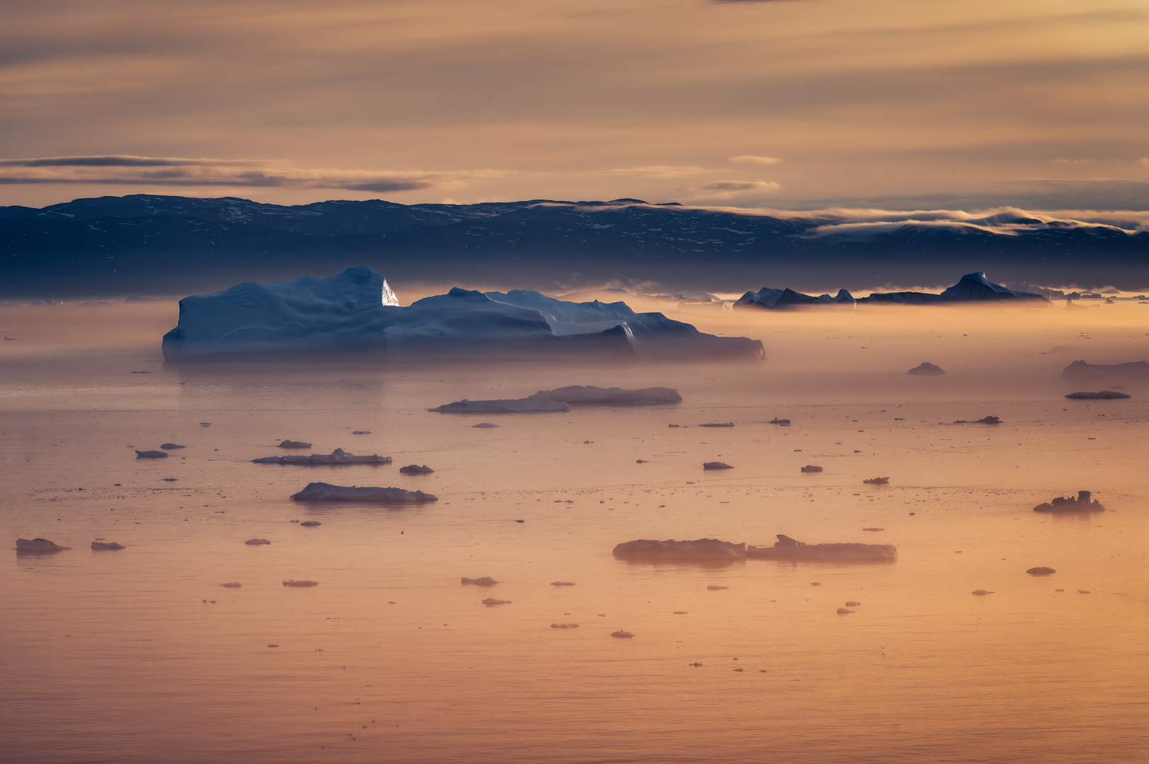 ráno, svítání, ledovce, icefjord, sunrise, Ilulissat, Grónsko